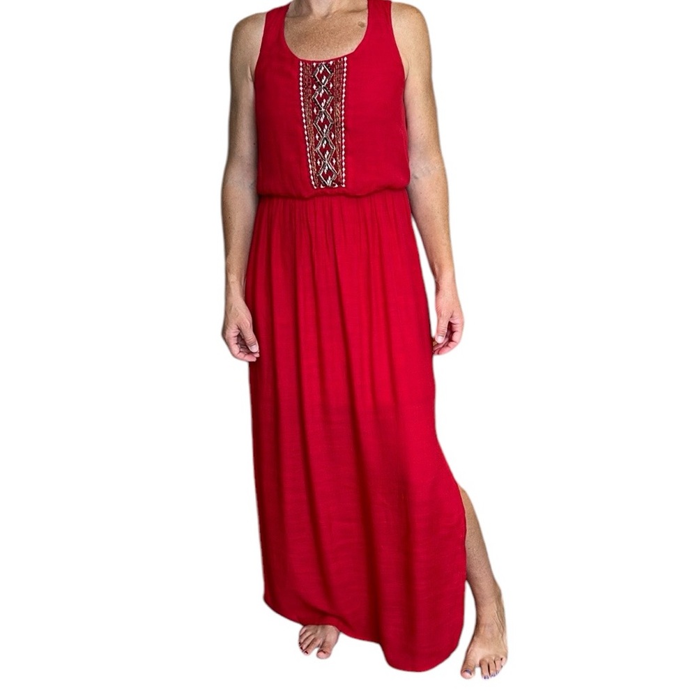 NWT Love Reign Maxi Dress Bohemian Aztec Beaded Red Slit Racerback S